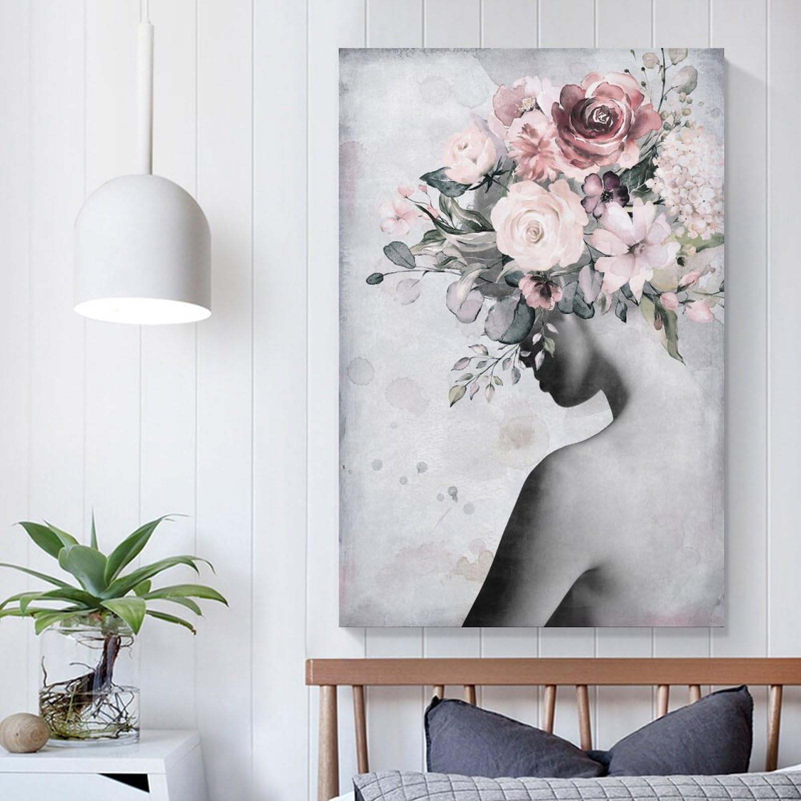 Amazon.co.jp: 頭に花と葉を乗せた女性 アートパネル 水彩 シルエット